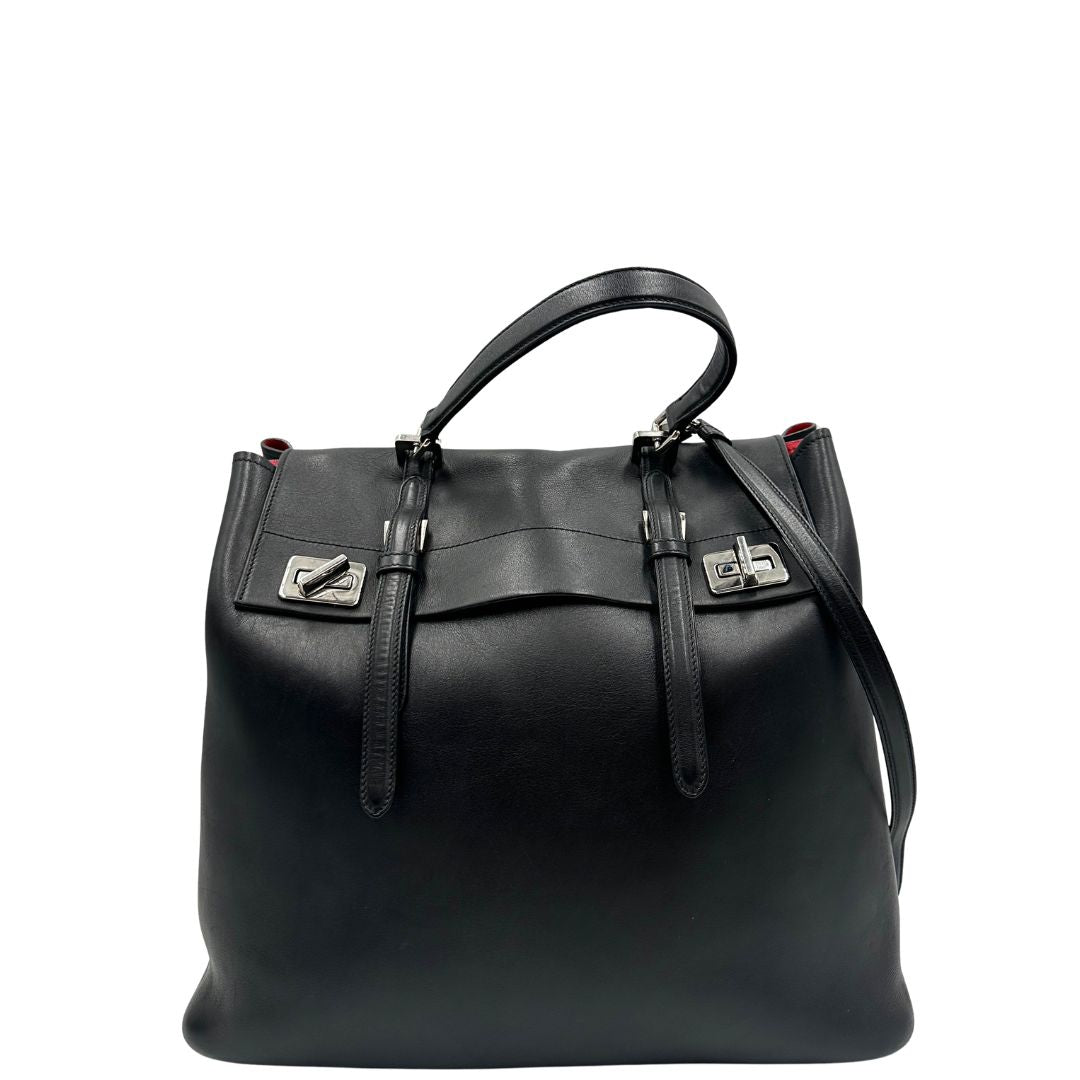 Front, Borsa Prada 2Way in pelle nera con hardware argentato, di lusso, originale, ottime condizioni, usat