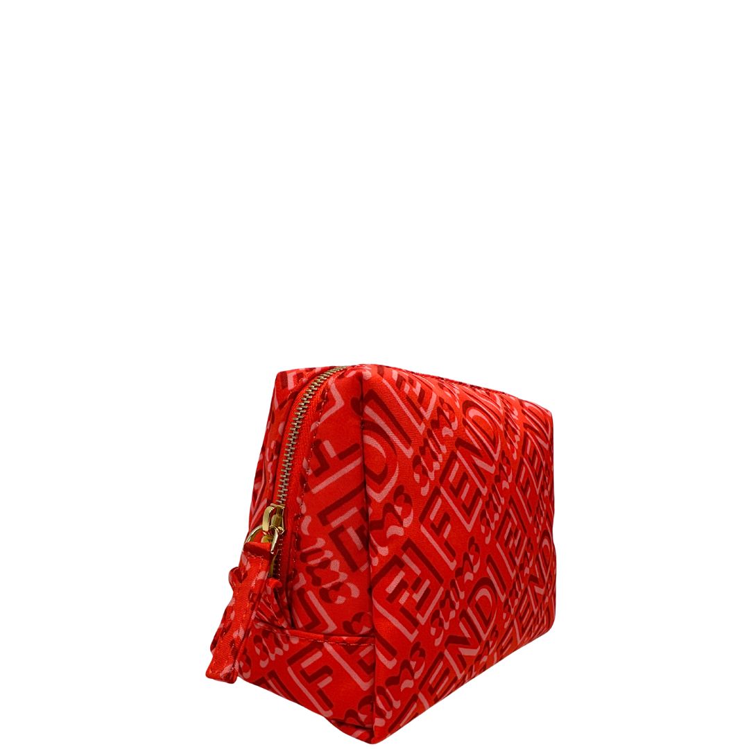 lato Beauty Fendi in nylon color tulipano con iconico logo su tutta la superficie e parti metalliche dorate, di lusso, originale, eccellenti condizioni. 