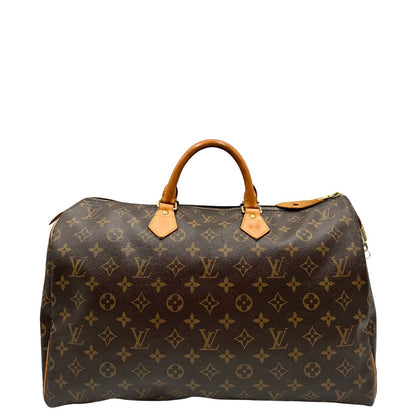 Front di una Borsa Louis Vuitton in canvas marrone monogram con finiture in vacchetta naturale e parti metalliche dorate; munita di doppi manici stondati. Originale, usato, di lusso, in ottime condizioni.
