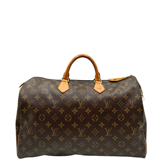 Front di una Borsa Louis Vuitton in canvas marrone monogram con finiture in vacchetta naturale e parti metalliche dorate; munita di doppi manici stondati. Originale, usato, di lusso, in ottime condizioni.