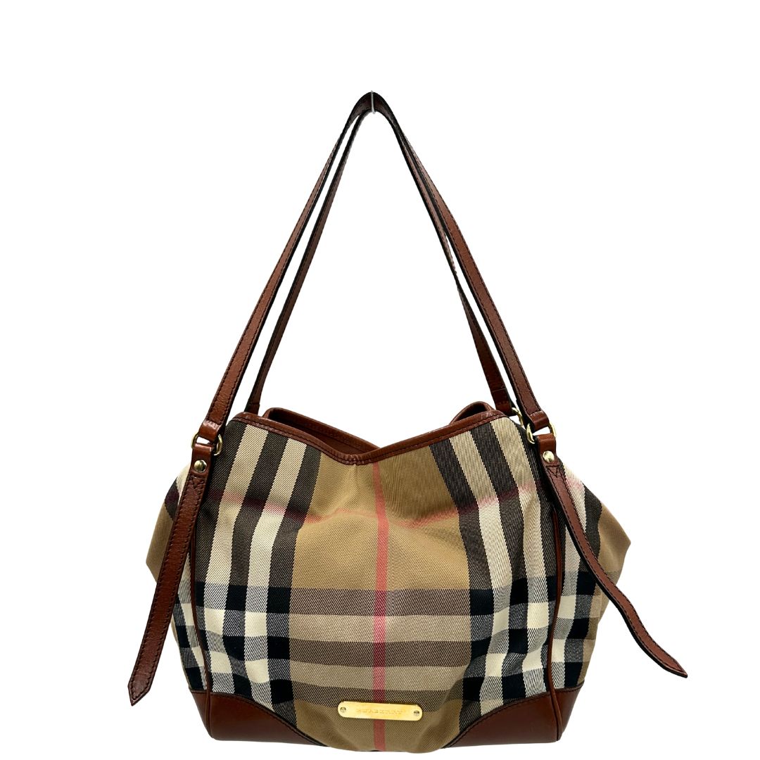 front Borsa Burberry in tessuto tartan con finiture in pelle marroni con parti metalliche effetto renio; munita di doppi manici, indossabile a spalla, di lusso, originale, ottime condizioni. 