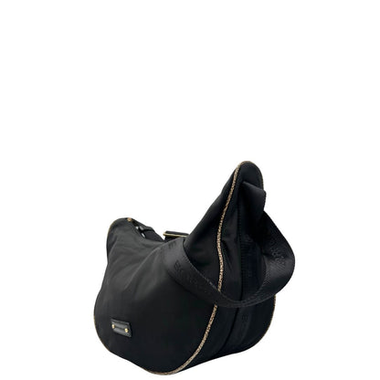 Laterale, Borsa Borbonese nera con finiture in pelle tono su tono e profili trama occhio di pernice, di lusso, originale, ottime condizioni, usata