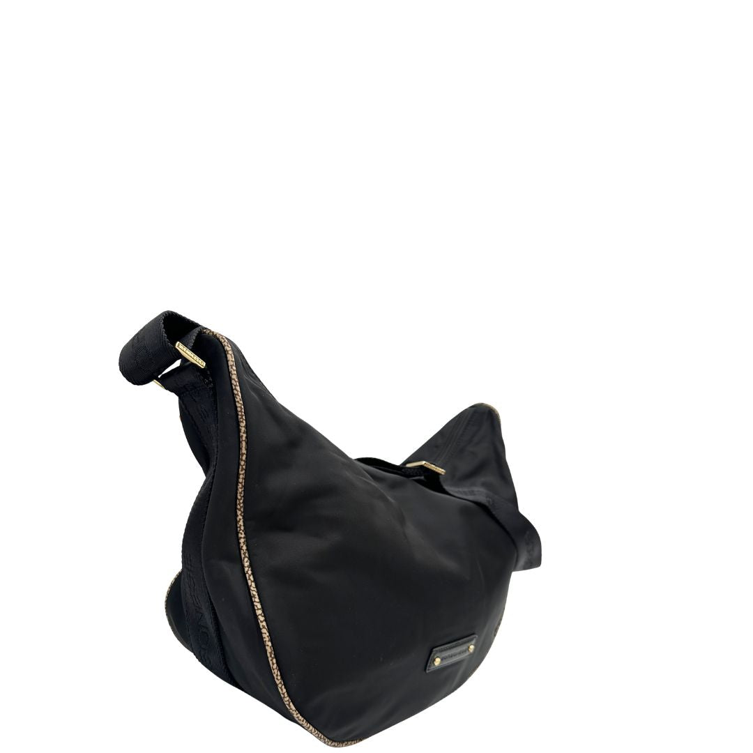 Laterale, Borsa Borbonese nera con finiture in pelle tono su tono e profili trama occhio di pernice, di lusso, originale, ottime condizioni, usata