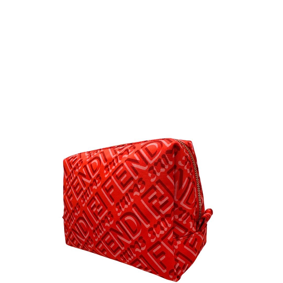 lato Beauty Fendi in nylon color tulipano con iconico logo su tutta la superficie e parti metalliche dorate, di lusso, originale, eccellenti condizioni. 