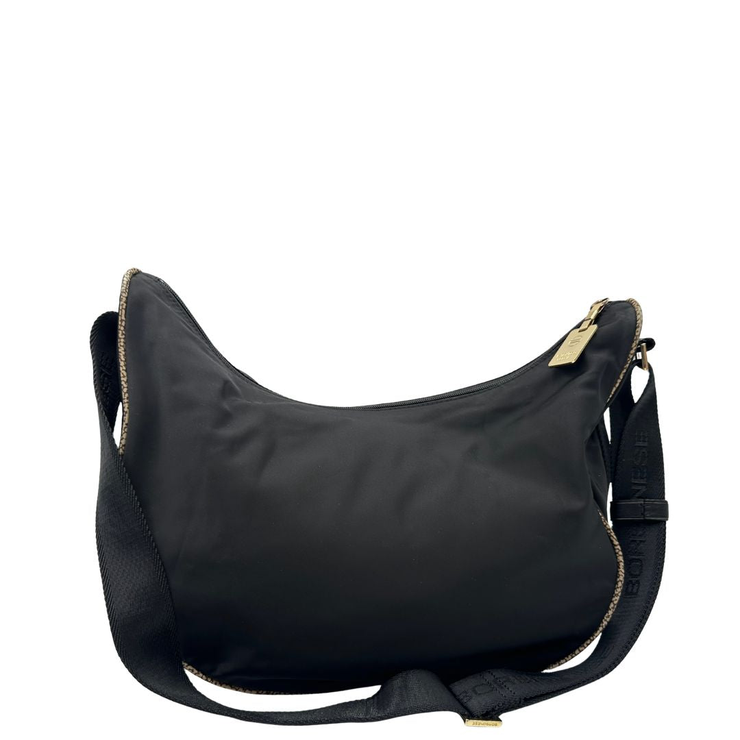 Retro, Borsa Borbonese nera con finiture in pelle tono su tono e profili trama occhio di pernice, di lusso, originale, ottime condizioni, usata