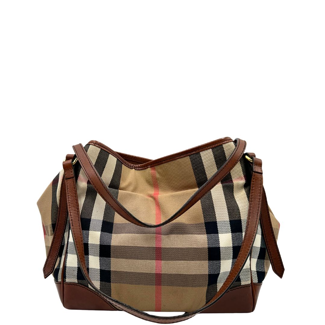 retro Borsa Burberry in tessuto tartan con finiture in pelle marroni con parti metalliche effetto renio; munita di doppi manici, indossabile a spalla, di lusso, originale, ottime condizioni.
