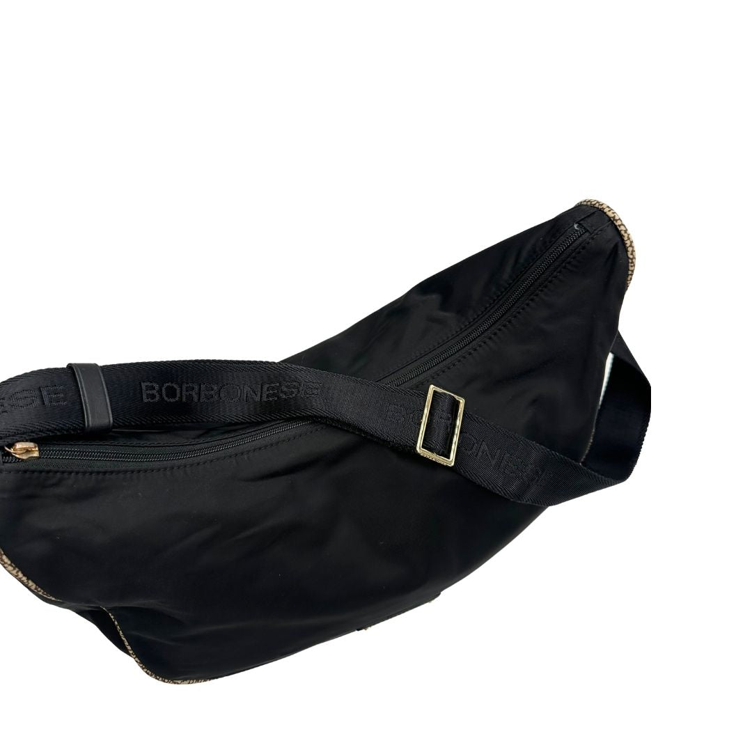  Borsa Borbonese nera con finiture in pelle tono su tono e profili trama occhio di pernice, di lusso, originale, ottime condizioni, usata