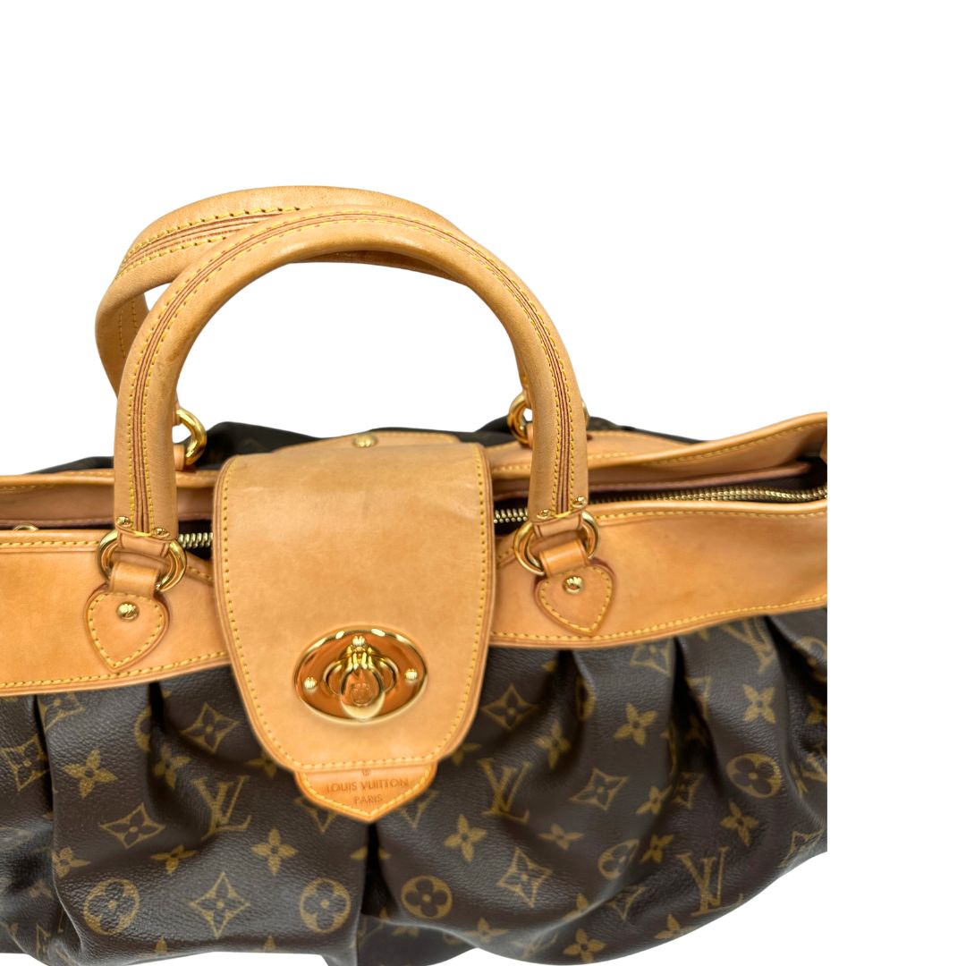 Manici, Borsa LV Trouville in tela monogram e vacchetta naturale. Originale, usata, di lusso, in ottime condizioni.