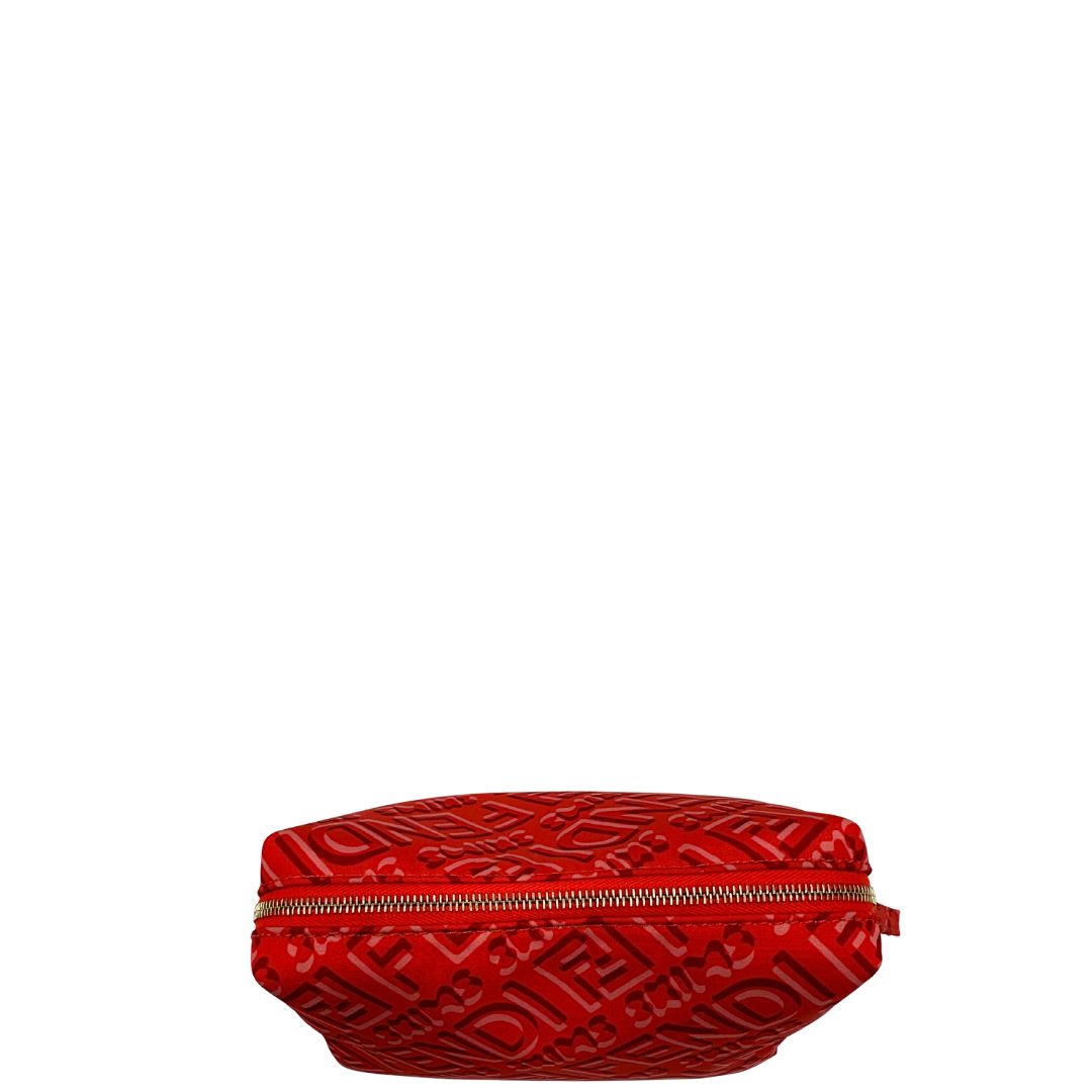 chiuusra Beauty Fendi in nylon color tulipano con iconico logo su tutta la superficie e parti metalliche dorate, di lusso, originale, eccellenti condizioni. 