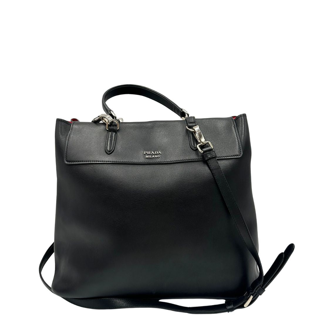 Retro, Borsa Prada 2Way in pelle nera con hardware argentato, di lusso, originale, ottime condizioni, usat