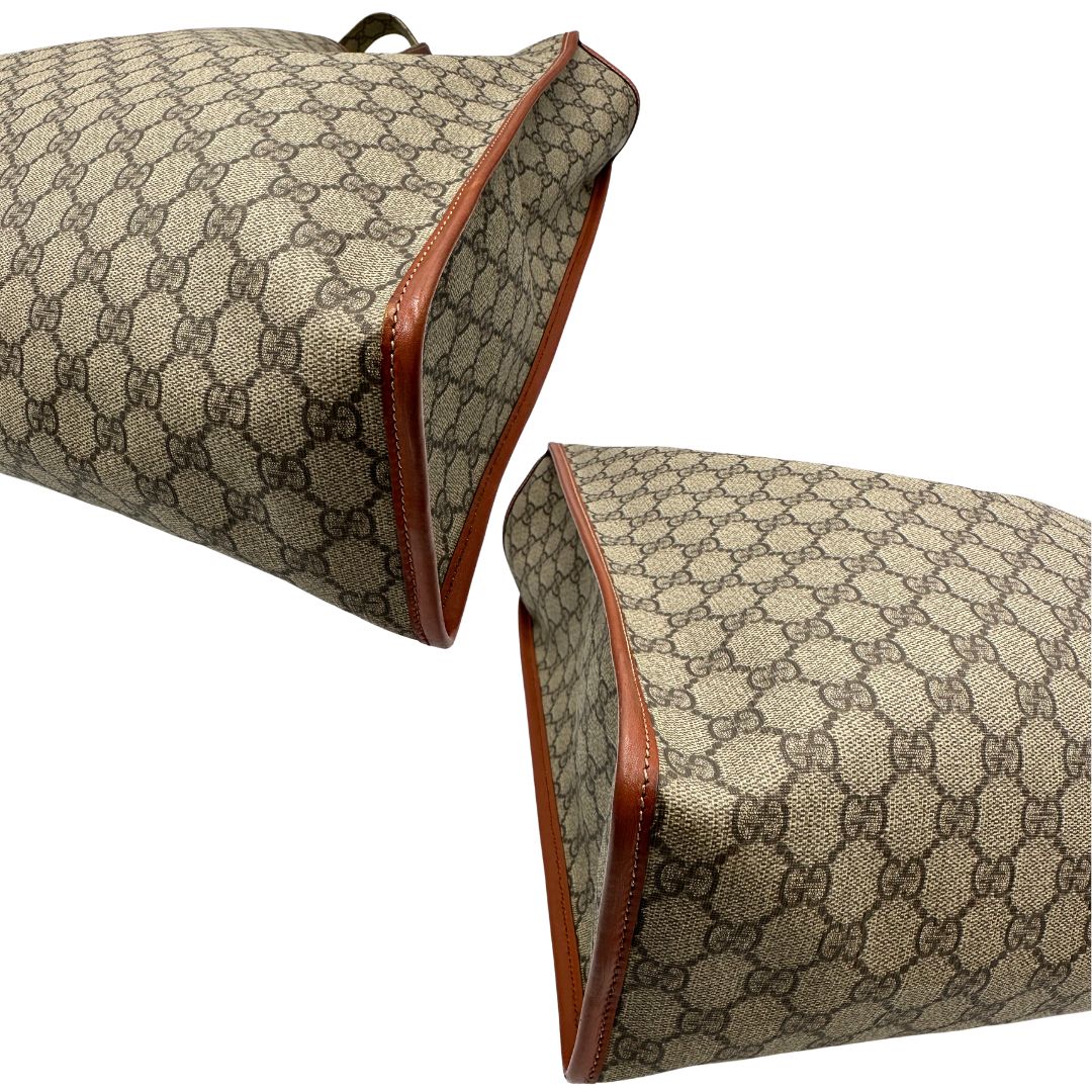 angoli Tote Gucci in canvas GG beige con profili in pelle marrone e dettaglio Web verde e rosso, munita di doppi manici, indossabile a spalla, di lusso, originale, ottime condizioni. 