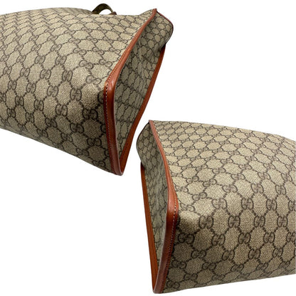 angoli Tote Gucci in canvas GG beige con profili in pelle marrone e dettaglio Web verde e rosso, munita di doppi manici, indossabile a spalla, di lusso, originale, ottime condizioni. 