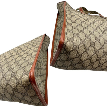 angoli Tote Gucci in canvas GG beige con profili in pelle marrone e dettaglio Web verde e rosso, munita di doppi manici, indossabile a spalla, di lusso, originale, ottime condizioni. 