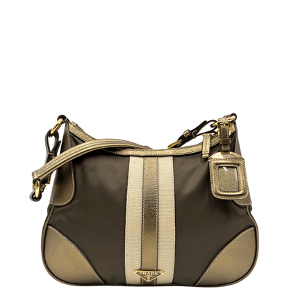 Prada bag a spalla verde bronzo con parti in pelle color oro