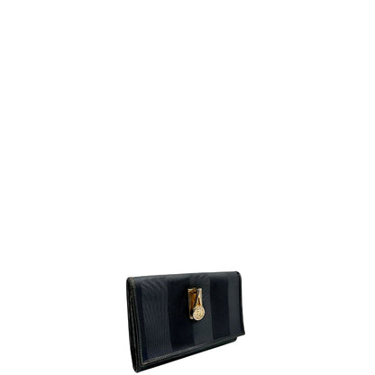 lato Portafoglio Fendi in pelle blu notte trama Pequin con parti metalliche dorate, di lusso, originale, ottime condizioni, usato. 