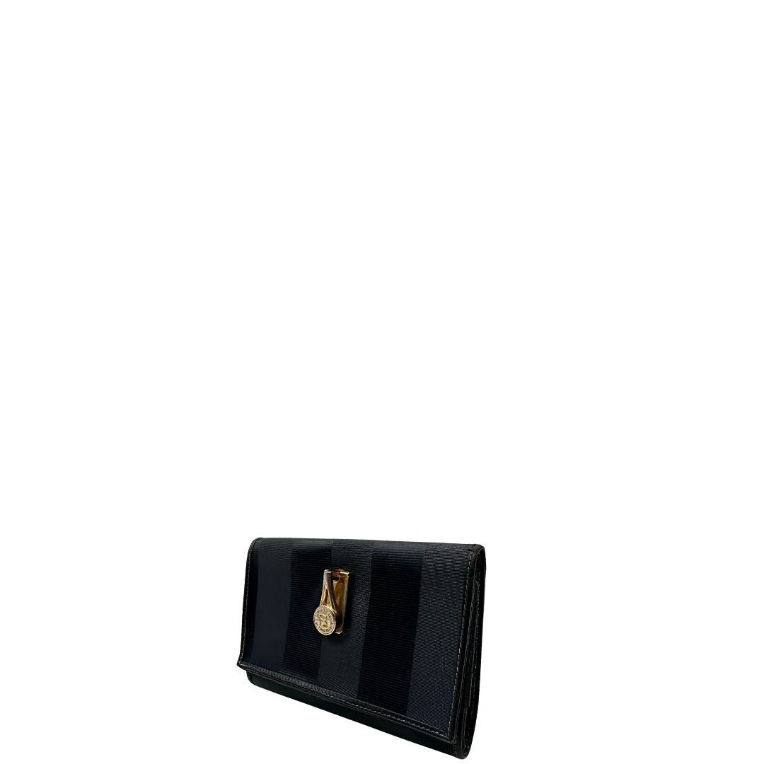lato Portafoglio Fendi in pelle blu notte trama Pequin con parti metalliche dorate, di lusso, originale, ottime condizioni, usato. 