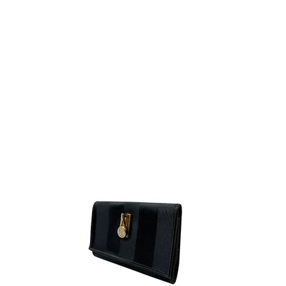lato Portafoglio Fendi in pelle blu notte trama Pequin con parti metalliche dorate, di lusso, originale, ottime condizioni, usato. 
