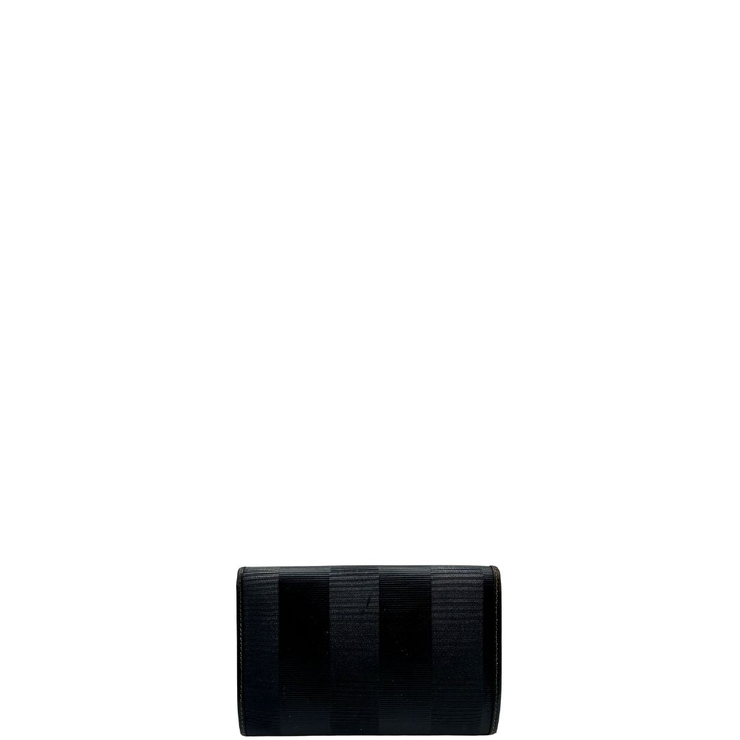 retro Portafoglio Fendi in pelle blu notte trama Pequin con parti metalliche dorate, di lusso, originale, ottime condizioni, usato. 