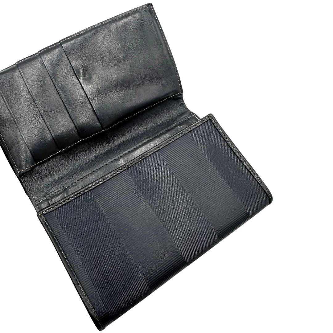 interno Portafoglio Fendi in pelle blu notte trama Pequin con parti metalliche dorate, di lusso, originale, ottime condizioni, usato. 
