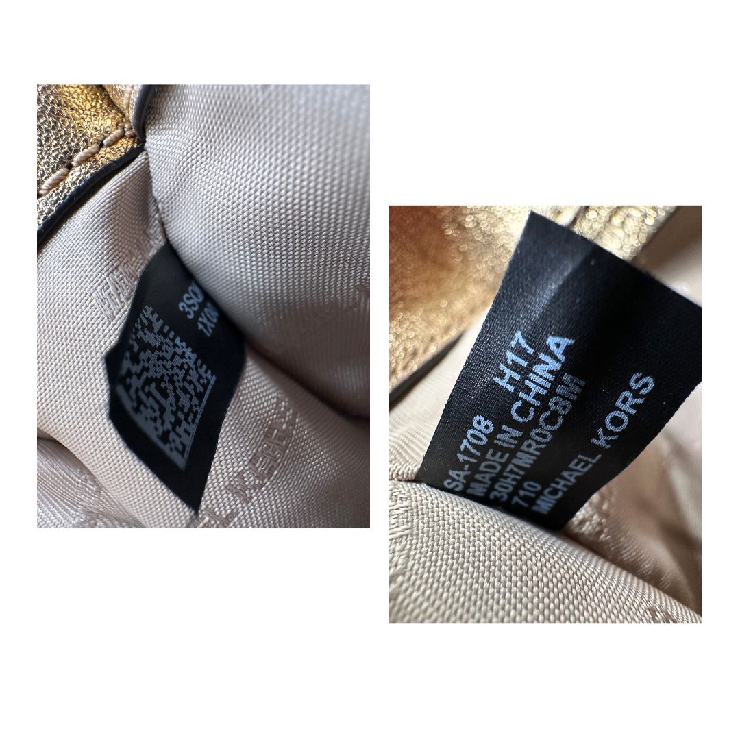 interno Borsa Michael Kors pelle dorata rifinita con inserti metallici tono su tono, munita di una tracolla regolabile 