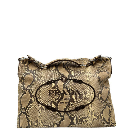 Borsa Prada in pelle con trama animalier rifinita con inserti metallici argentati e ricami marroni; munita di un manico singolo, da portare a spalla, front