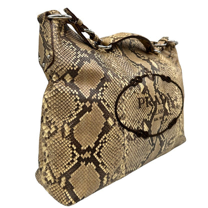 lato Borsa Prada in pelle con trama animalier rifinita con inserti metallici argentati e ricami marroni; munita di un manico singolo, da portare a spalla 
