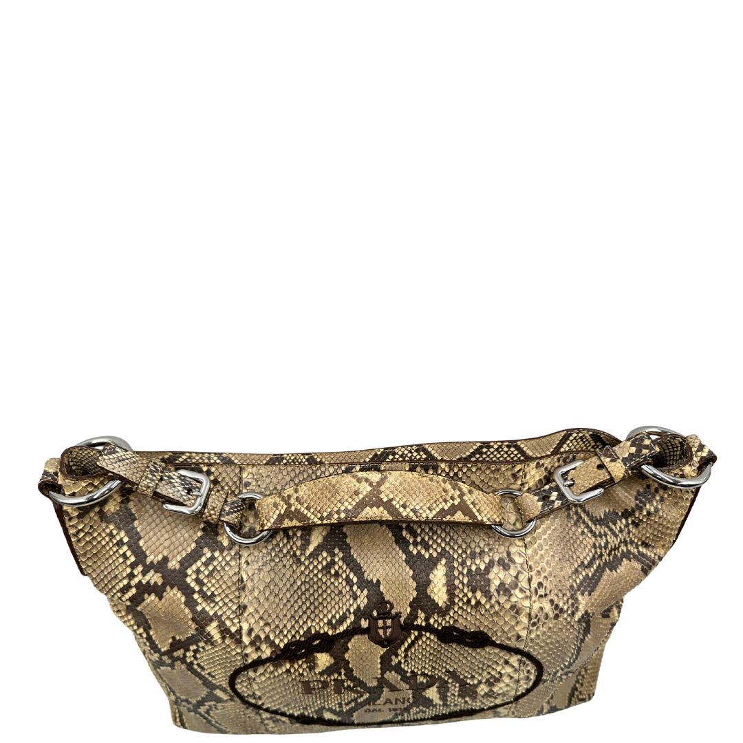 manico Borsa Prada in pelle con trama animalier rifinita con inserti metallici argentati e ricami marroni; munita di un manico singolo, da portare a spalla