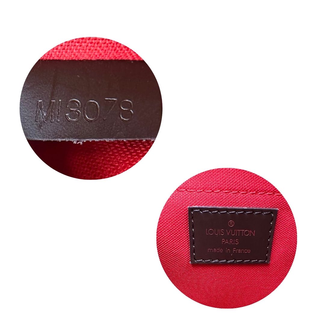 Codice seriale Borsa Louis Vuitton Thames in canvas Damier Ébène con finiture in pelle testa di moro e parti metalliche dorate. Originale usato, in condizioni ottime. 