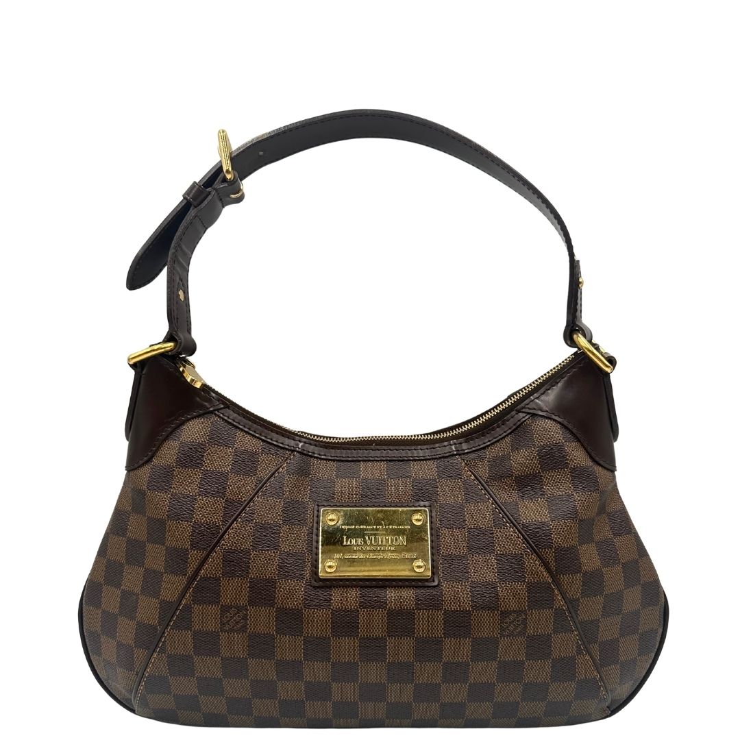Borsa Louis Vuitton Thames in canvas Damier Ébène con finiture in pelle testa di moro e parti metalliche dorate. Originale usato, in condizioni ottime. 
