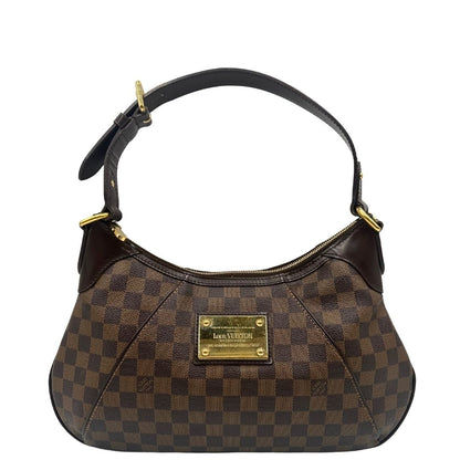 Borsa Louis Vuitton Thames in canvas Damier Ébène con finiture in pelle testa di moro e parti metalliche dorate. Originale usato, in condizioni ottime. 