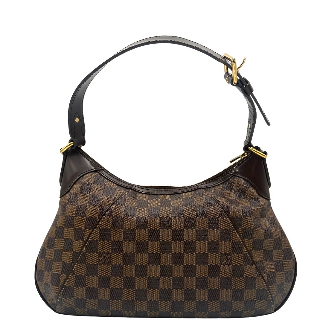 Retro Borsa Louis Vuitton Thames in canvas Damier Ébène con finiture in pelle testa di moro e parti metalliche dorate. Originale usato, in condizioni ottime. 