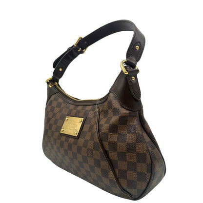 Laterale Borsa Louis Vuitton Thames in canvas Damier Ébène con finiture in pelle testa di moro e parti metalliche dorate. Originale usato, in condizioni ottime. 