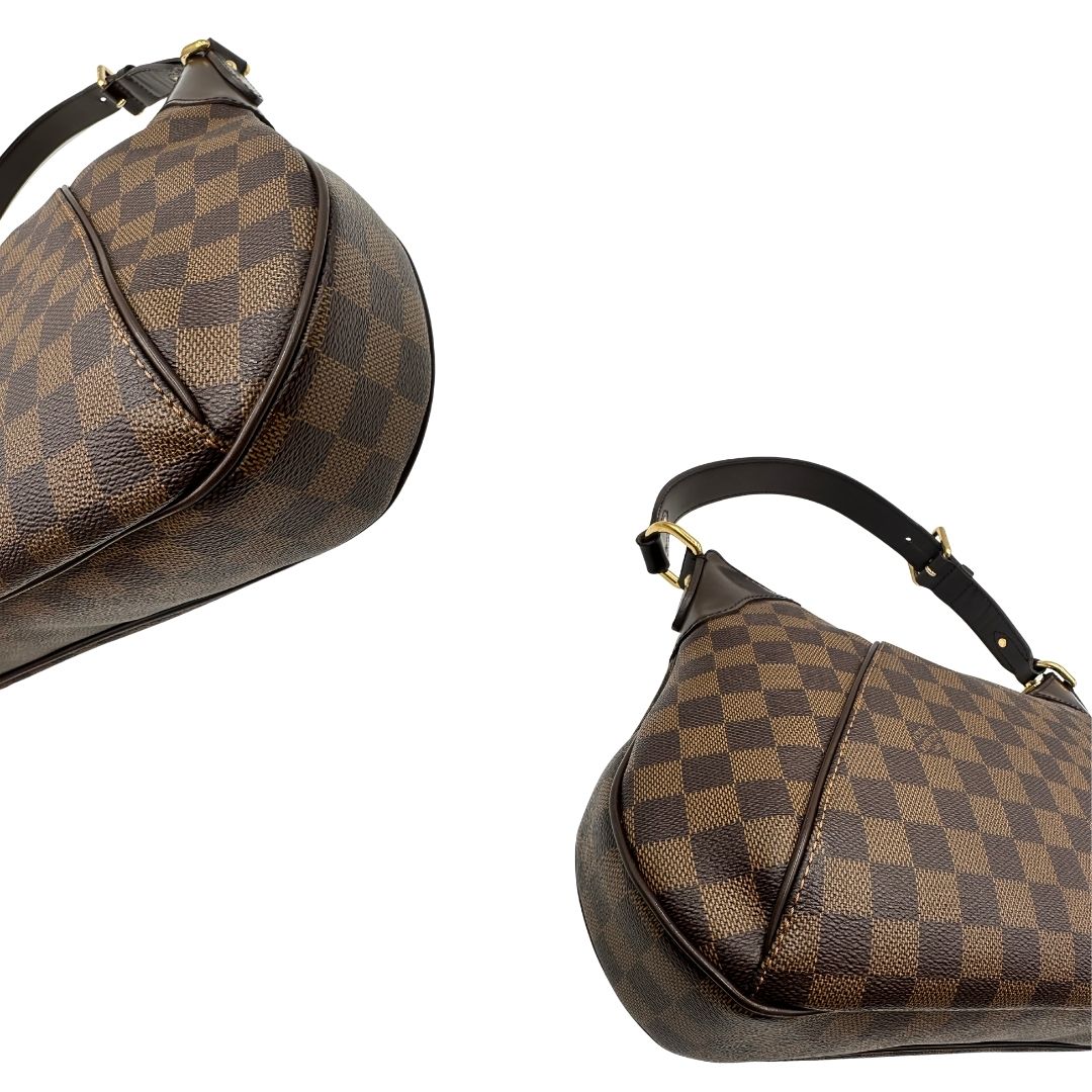 Angoli Borsa Louis Vuitton Thames in canvas Damier Ébène con finiture in pelle testa di moro e parti metalliche dorate. Originale usato, in condizioni ottime. 