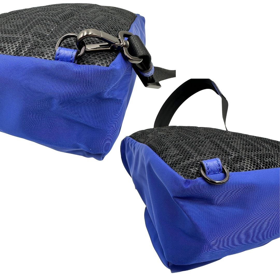 Angoli di uno zaino Fendi edizione limitata in Econyl di Aquafil blu reale rifinito con parti in pelle tono su tono; munito di una bretella regolabile. Retro traforato trama zucca in nero. Completo di dustbag e cartellino.