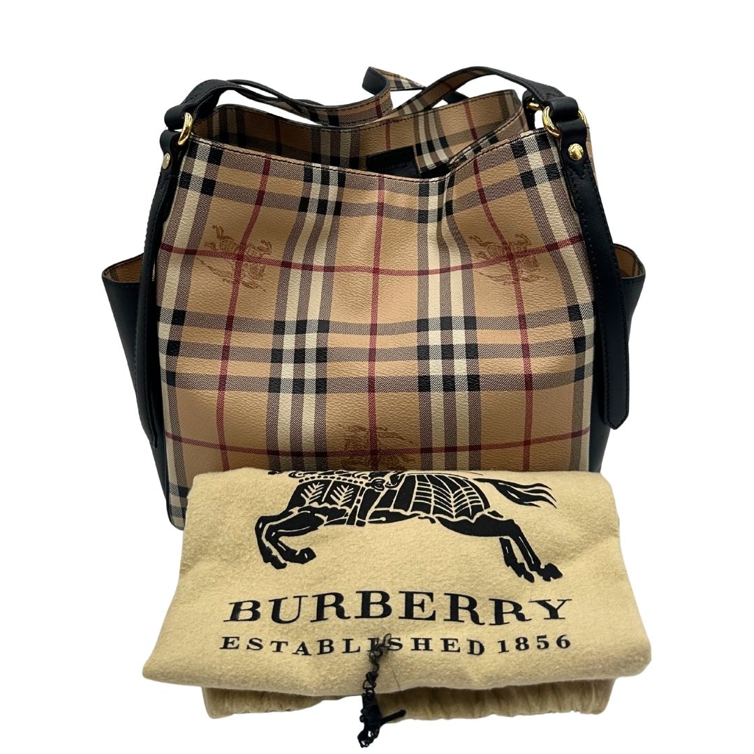 Borsa Burberry in canvas beige trama Burberry Check, con finiture in pelle nere e parti metalliche dorate. Munita di dustbag.