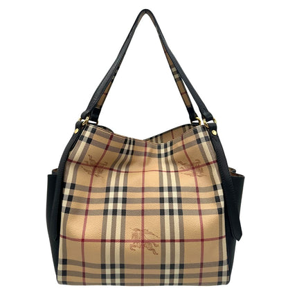 Front di una borsa Burberry in canvas beige trama Burberry Check, con finiture in pelle nere e parti metalliche dorate. Munita di dustbag.