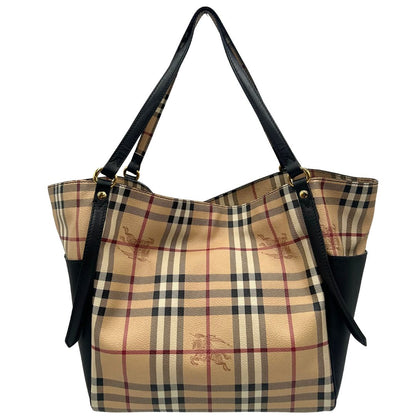 Front aperto di una borsa Burberry in canvas beige trama Burberry Check, con finiture in pelle nere e parti metalliche dorate. Munita di dustbag.