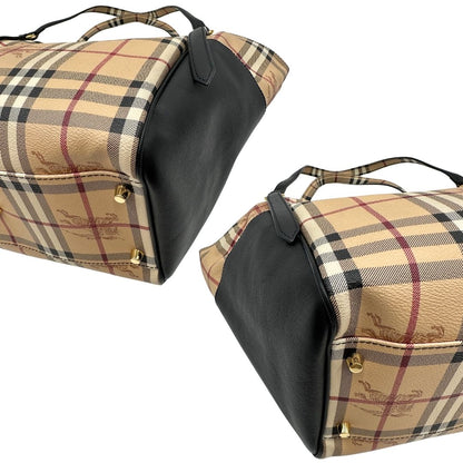 Angoli di una borsa Burberry in canvas beige trama Burberry Check, con finiture in pelle nere e parti metalliche dorate. Munita di dustbag.