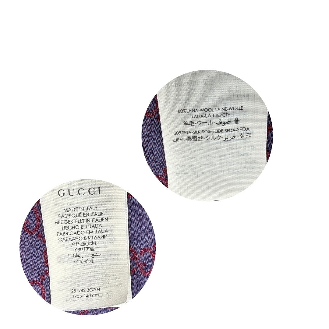 Scialle Gucci in misto lana e seta bicolore; bordeaux e blu con trama GG, e bori sfrangiati. Completo di scatola. Originale, usato, in condizioni ottime. 