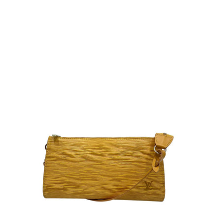 Pochette Louis Vuitton Accessoires in pelle Epi giallo ocra con parti metalliche dorate, munita di mono manico e tracolla regolabile, e amovibile. Completa di scatola. Originale, usato, condizioni ottime. 