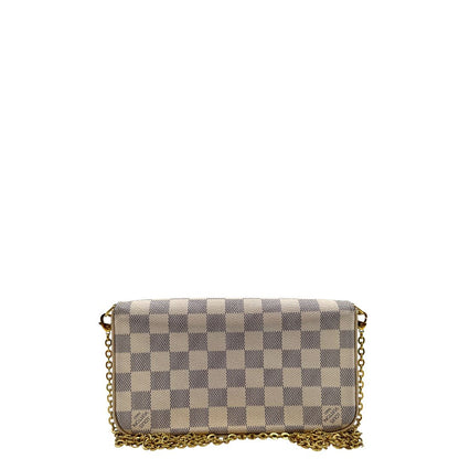 Borsa Louis Vuitton Félicie in canvas Damier Azur con parti metalliche dorate e interno in pelle rosa. Munita di una tracolla in catena amovibile e accessori portacarte, e portamonete estraibili. Originale, usato, in condizioni ottime.