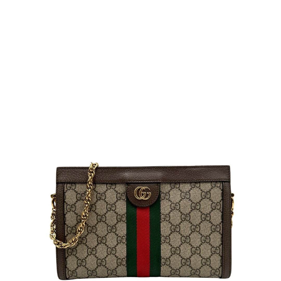 front Borsa Gucci Ophidia in canvas beige GG con finiture in pelle marrone, striscia Web in tessuto verde e rosso, con parti metalliche dorate. Dotata di una tracolla in catena, di lusso, originale, ottime condizioni. 