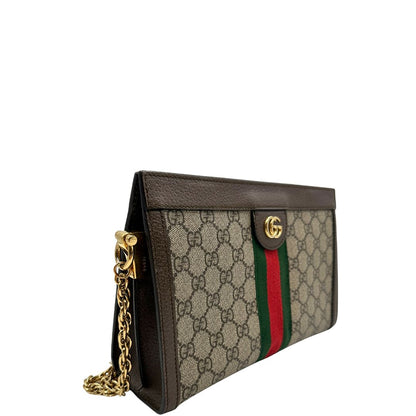 lato Borsa Gucci Ophidia in canvas beige GG con finiture in pelle marrone, striscia Web in tessuto verde e rosso, con parti metalliche dorate. Dotata di una tracolla in catena, di lusso, originale, ottime condizioni. 