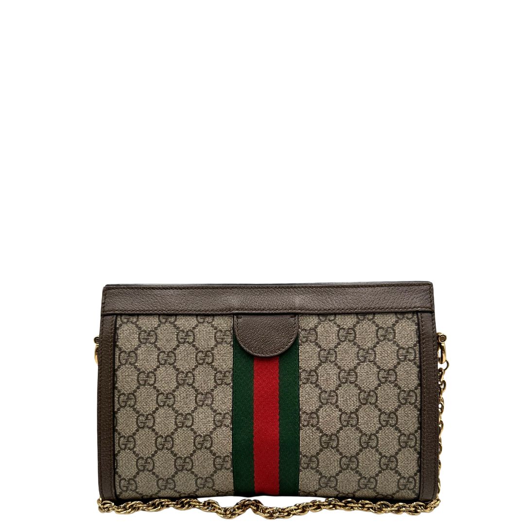 retro Borsa Gucci Ophidia in canvas beige GG con finiture in pelle marrone, striscia Web in tessuto verde e rosso, con parti metalliche dorate. Dotata di una tracolla in catena, di lusso, originale, ottime condizioni. 