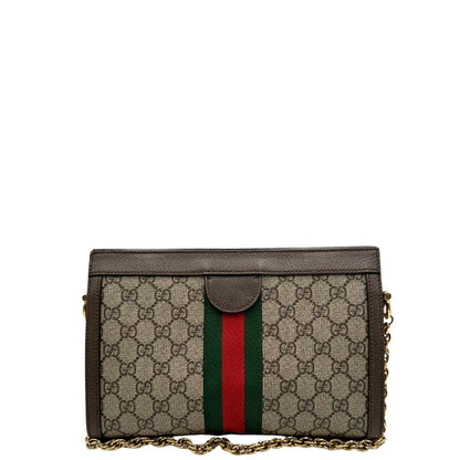 retro Borsa Gucci Ophidia in canvas beige GG con finiture in pelle marrone, striscia Web in tessuto verde e rosso, con parti metalliche dorate. Dotata di una tracolla in catena, di lusso, originale, ottime condizioni. 