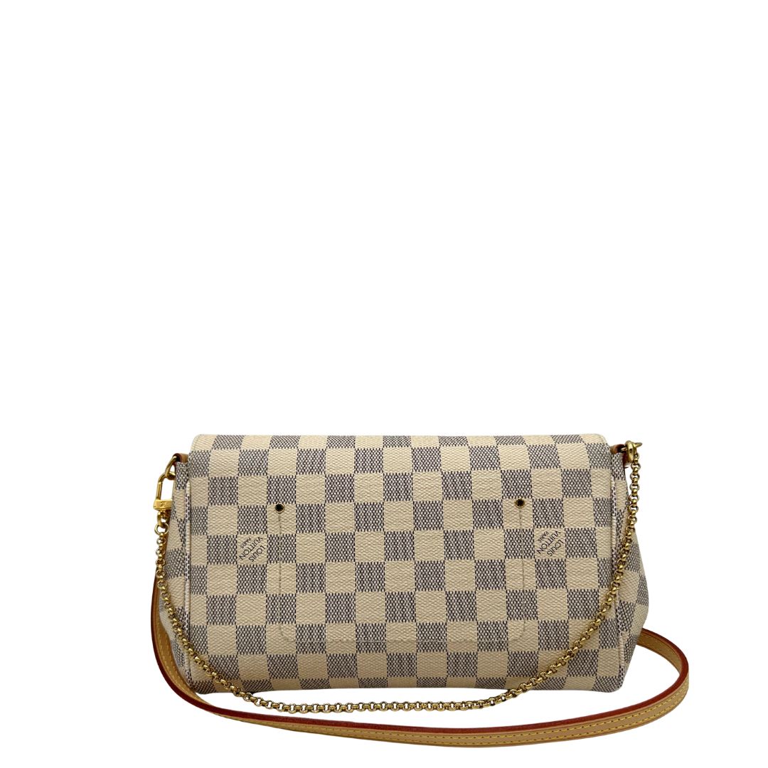 Retro Borsa Louis Vuitton Favorite in canvas Damier Azur con parti metalliche dorate. Munita di una tracolla amovibile in vacchetta naturale e un manico in catena. Originale, usato, in condizioni ottime. 
