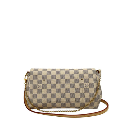 Retro Borsa Louis Vuitton Favorite in canvas Damier Azur con parti metalliche dorate. Munita di una tracolla amovibile in vacchetta naturale e un manico in catena. Originale, usato, in condizioni ottime. 