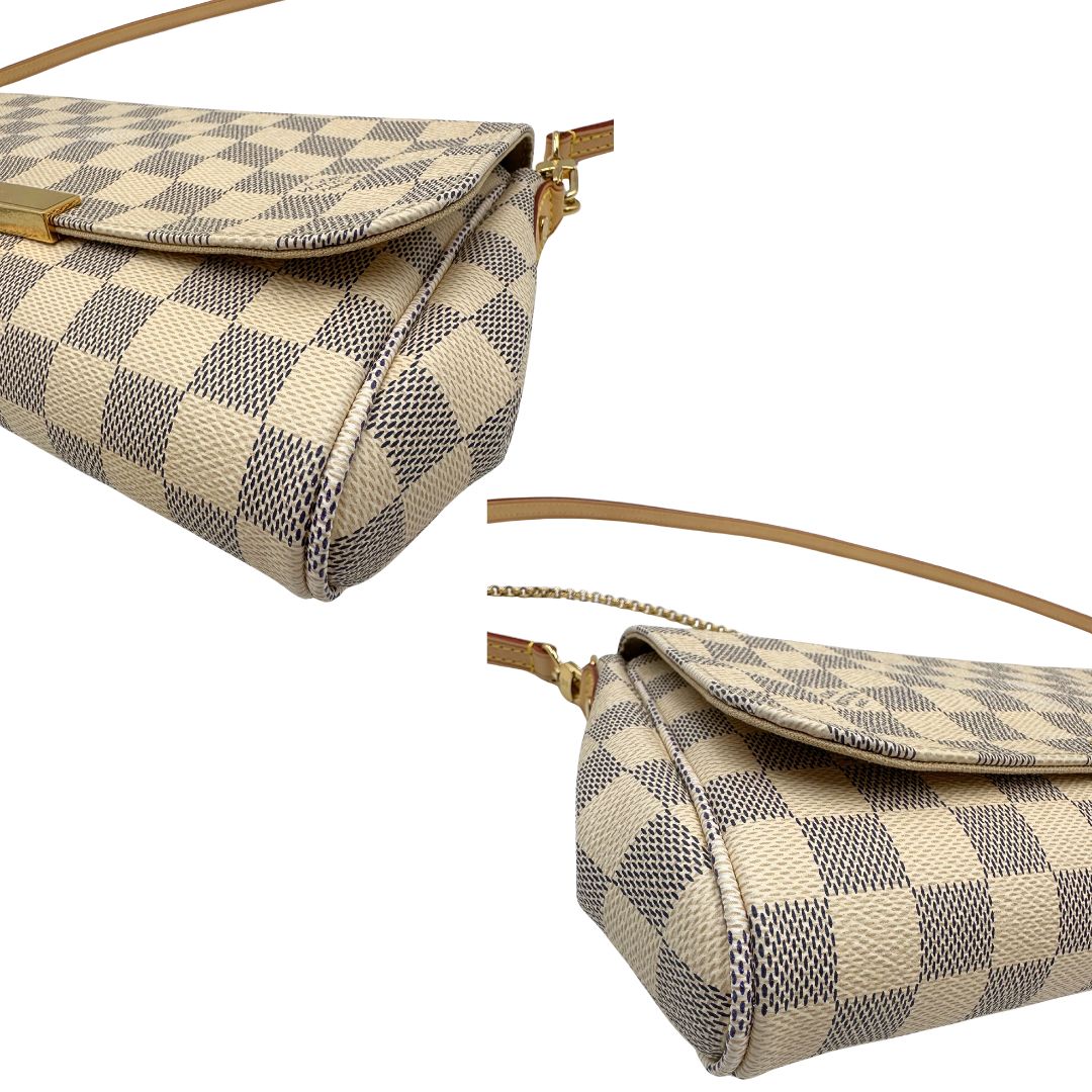 Angoli Borsa Louis Vuitton Favorite in canvas Damier Azur con parti metalliche dorate. Munita di una tracolla amovibile in vacchetta naturale e un manico in catena. Originale, usato, in condizioni ottime. 