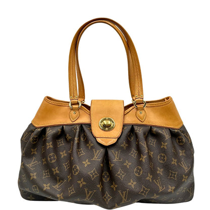 front Borsa Louis Vuitton in canvas marrone monogram con finiture in vacchetta naturale e parti metalliche dorate; munita di doppi manici, da portare a spalla, di lusso, originale, ottime condizioni, usata.  