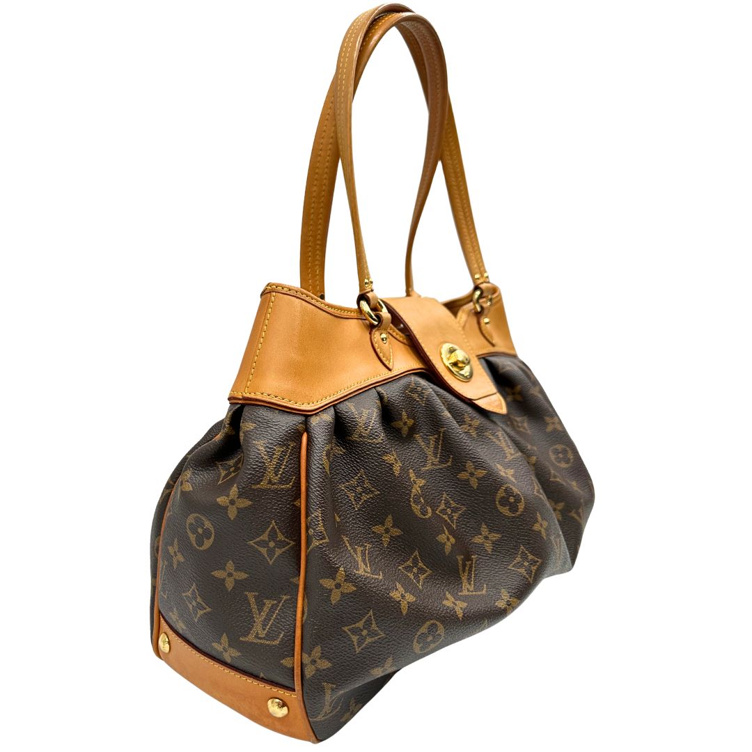 lato Borsa Louis Vuitton in canvas marrone monogram con finiture in vacchetta naturale e parti metalliche dorate; munita di doppi manici, da portare a spalla, di lusso, originale, ottime condizioni, usata.  